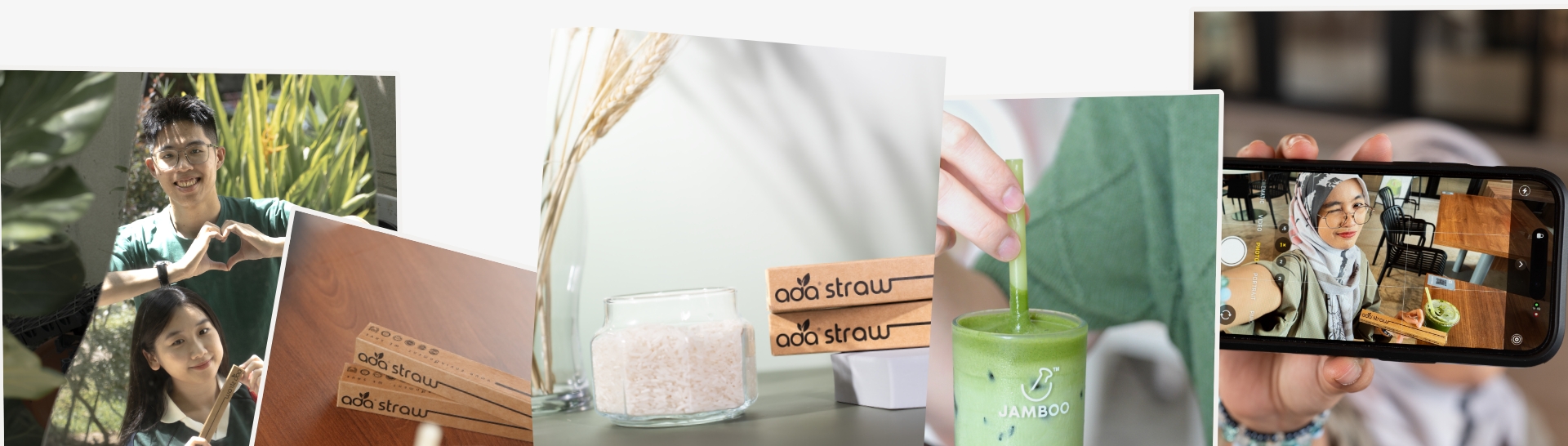 A collage of ADA straws in use: customers at a cafe, ADA straw boxes on a table, packaging beside rice grains and wheat, a straw in an iced matcha drink, and a customer filming her drink