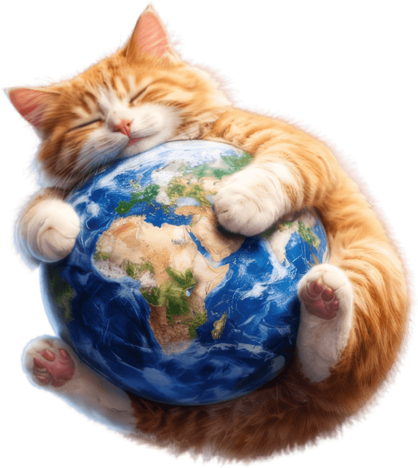 A ginger cat curled around a globe