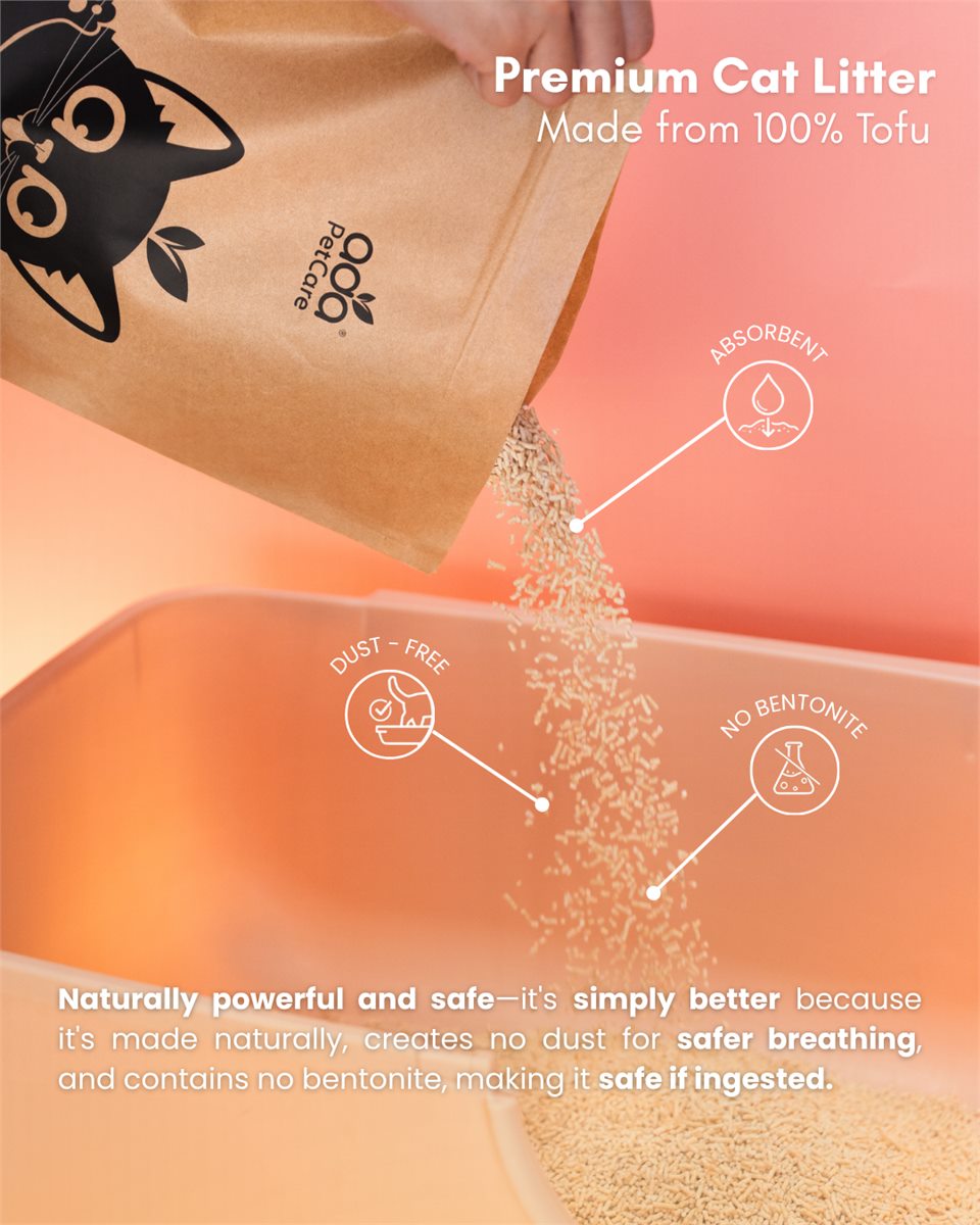 Premium cat litter made from 100% tofu — naturally powerful and safe, no dust, no bentonite, safe if ingested