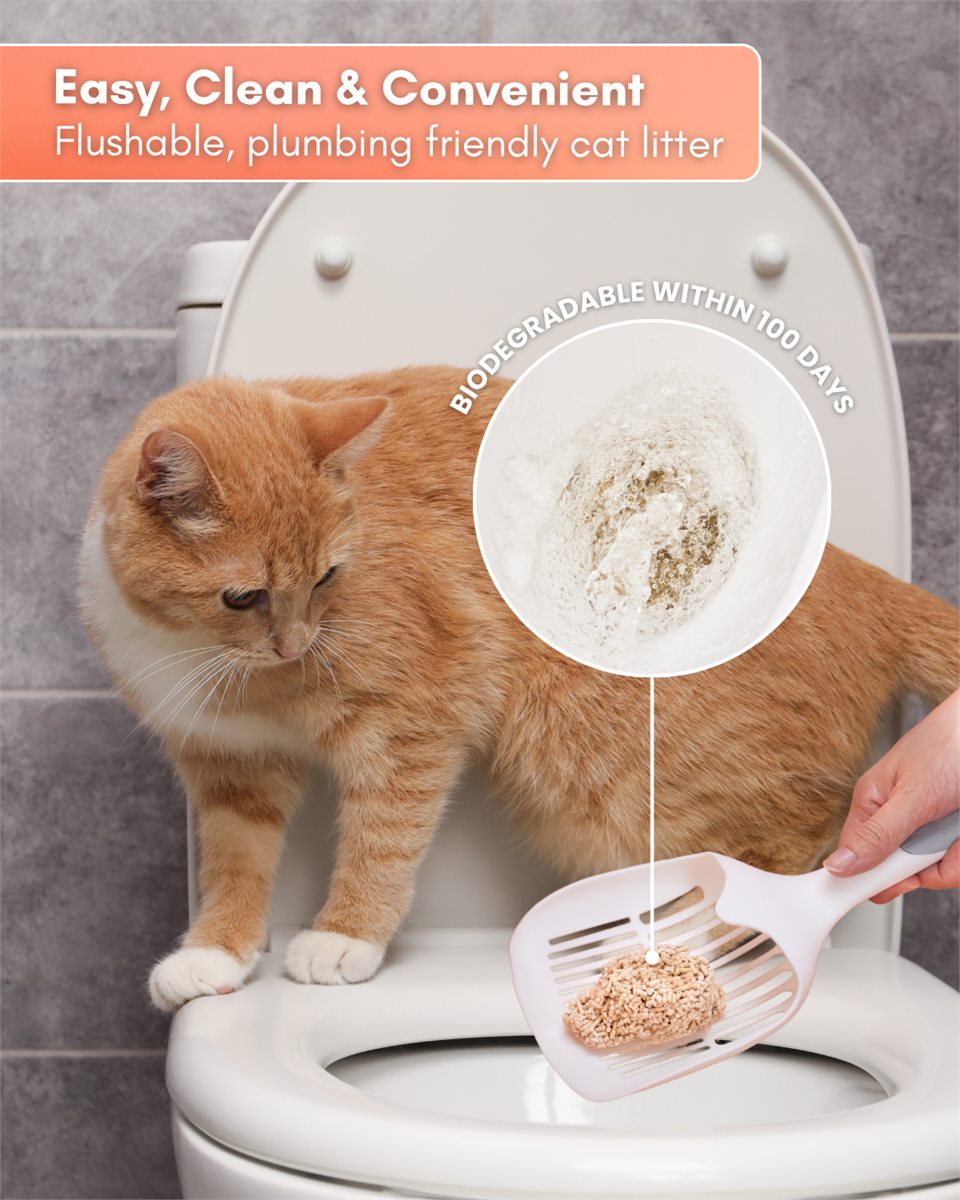 Easy, clean and convenient — flushable, plumbing-friendly cat litter